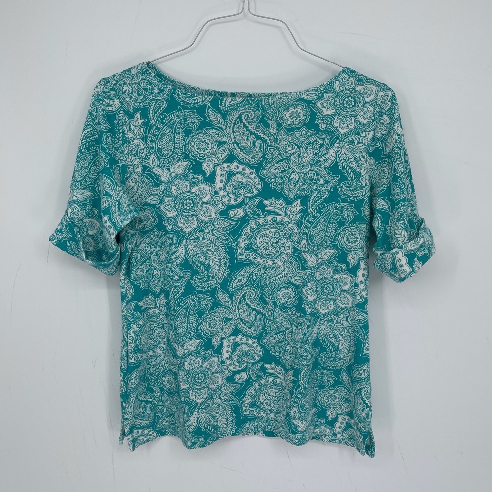 Karen Scott Women's Teal Floral Paisley Short Sleeve Boat Neck Top Size M